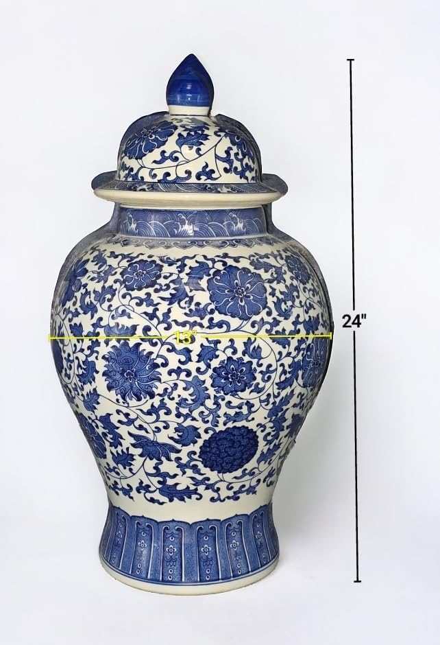 24" Classic Blue and White Floral Porcelain Ceramic Temple Ginger Jar Vase, Large China Qing Style (Blue and White 24-5)-VerdiqueGarden