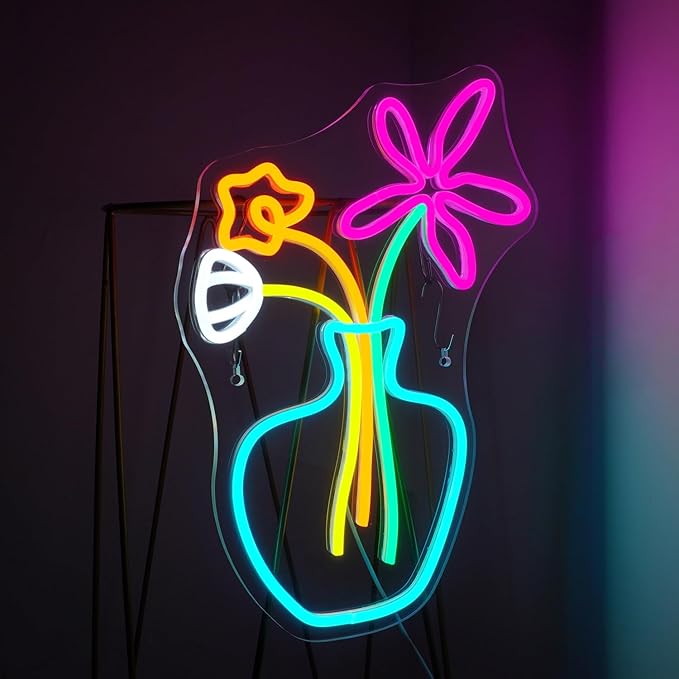 Flower Vase Neon Sign,Dimmable Neon Lights,Neon Flowers Sign for Wall Decor,Anime Flower Shape USB Connectivity Light Up Neon for Kids Room Girls Room Bar Birthday Party-VerdiqueGarden