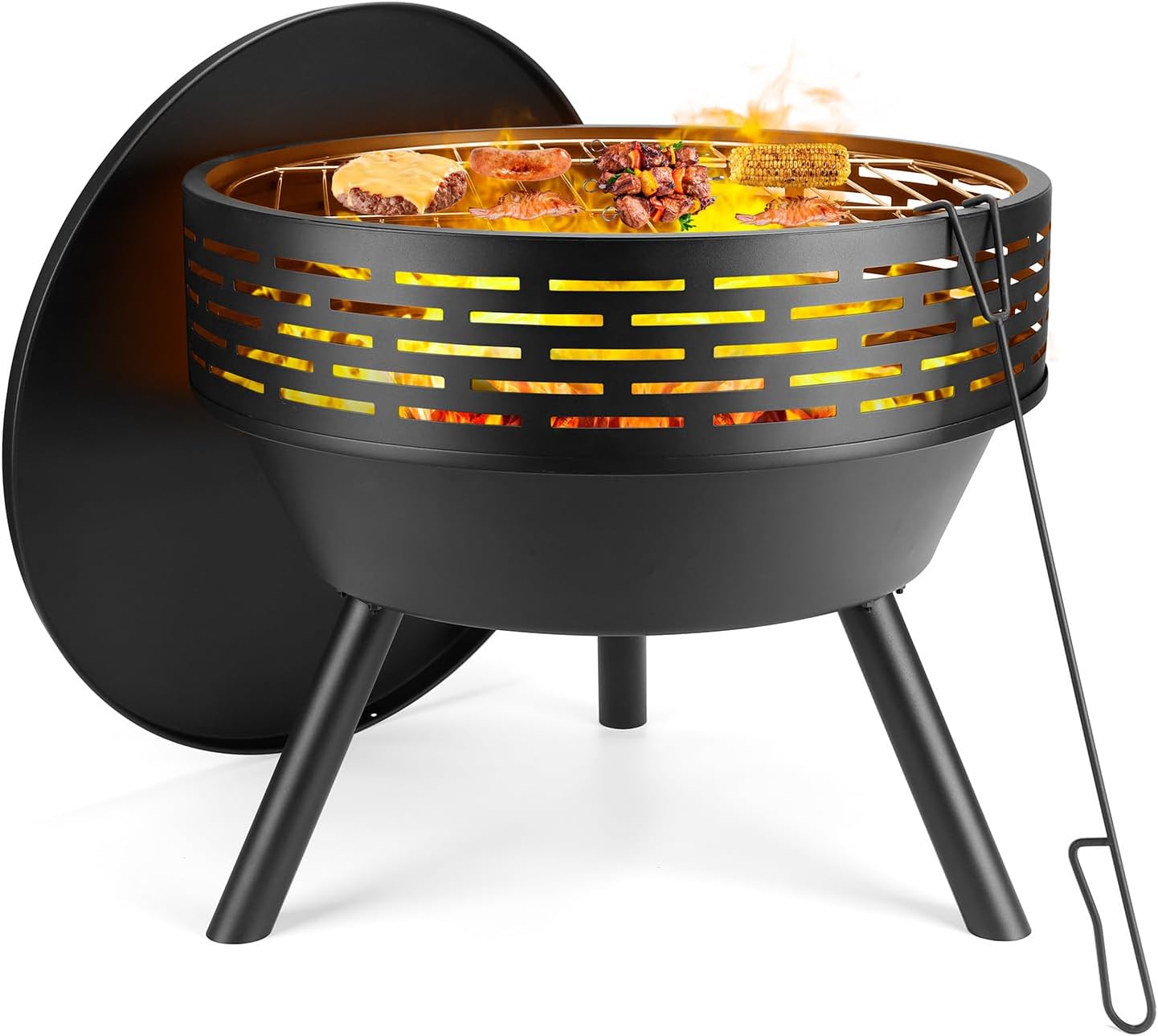 23 Inch Cast Iron Round Fire Pit with Grill, 3-in-1 Outdoor Fire Bowl, Fire Pit Table with Metal Lid and Fire Poker, Wood Burning Firepit for BBQ Bonfire Patio Picnic-VerdiqueGarden
