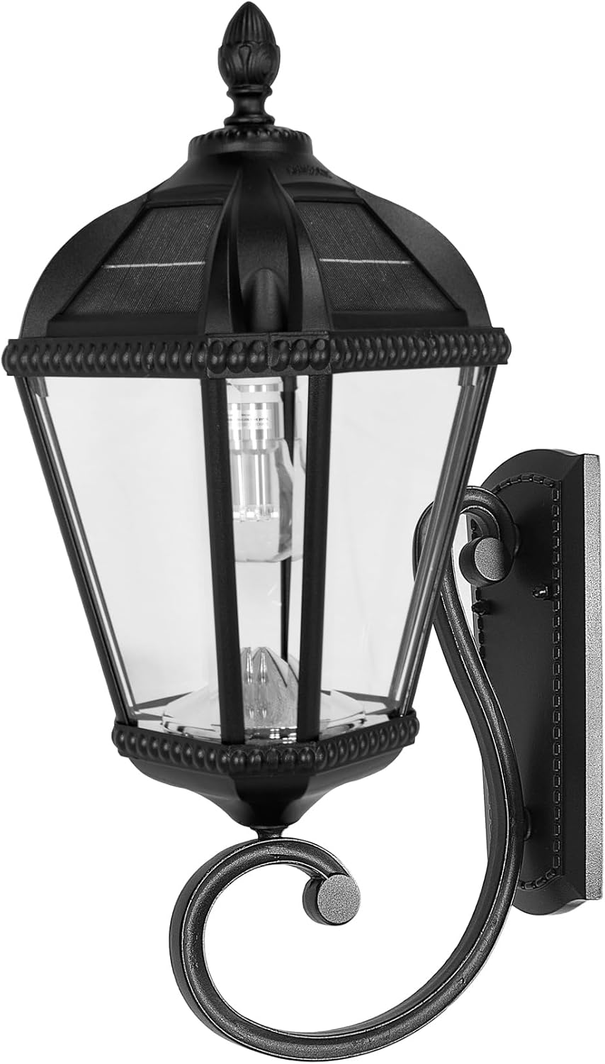 Gama Sonic Solar Outdoor Wall Light, Royal Bulb Exterior Sconce Lamp, Black Cast Aluminum, Clear Beveled Glass, Warm White LED with Omni-Direction Reflector, Large 21-Inch Height, 98B010 (Upgraded)-VerdiqueGarden