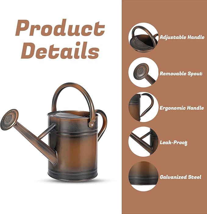 1 Gallon Watering Can for Plants, Watering Cans for Indoor&Outdoor Gardening, Galvanized Steel Watering Pot with Removable Spout, Metal Water Can with Ergonomic Movable Handle(Copper)-VerdiqueGarden