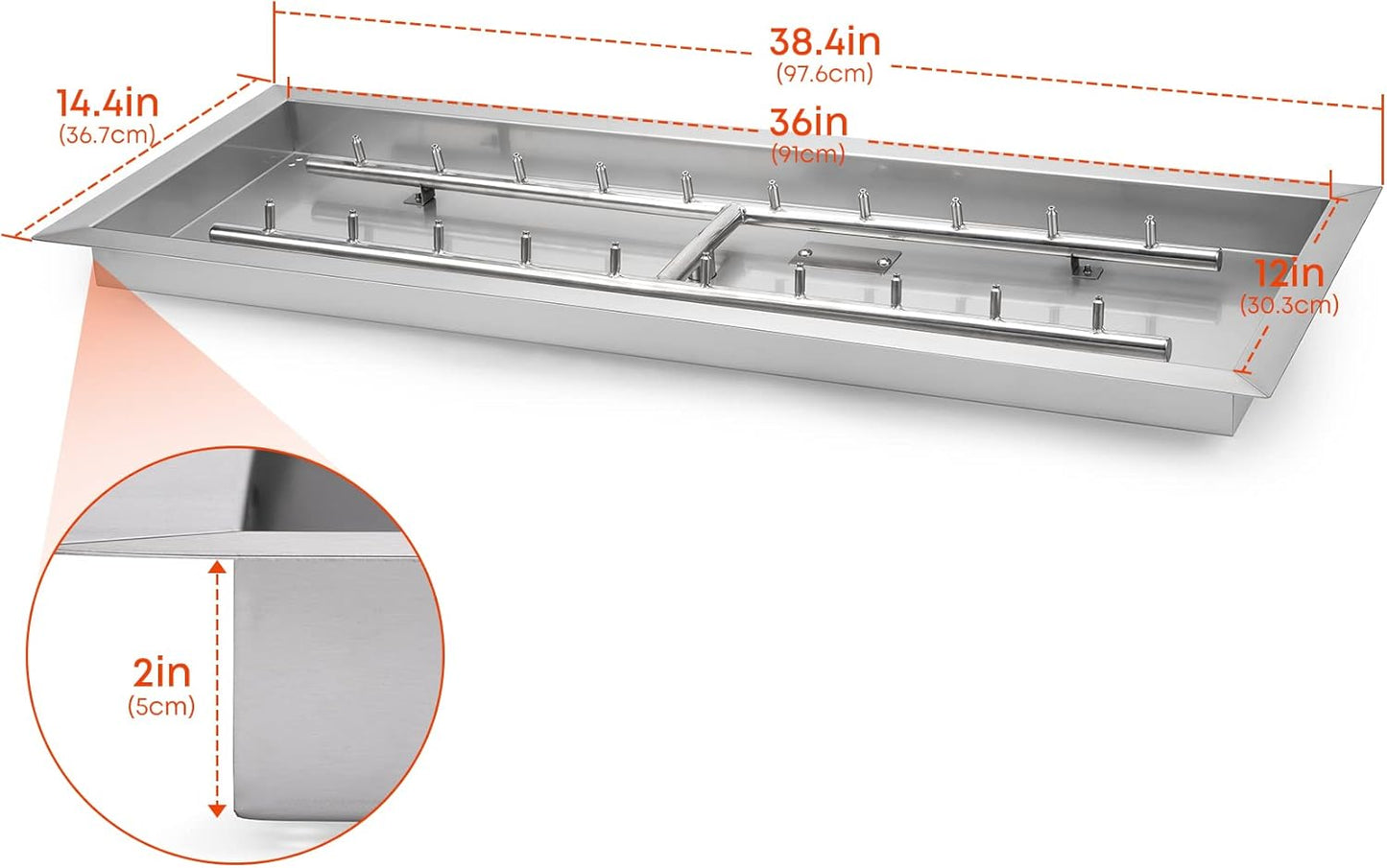 Stanbroil 36 x 12-Inch Rectangle Drop-in Fire Pit Pan with Jet Burner, 304 Stainless Steel Gas Firepit Insert for DIY Firepit Table, High Flame150,000 BTU Max-VerdiqueGarden