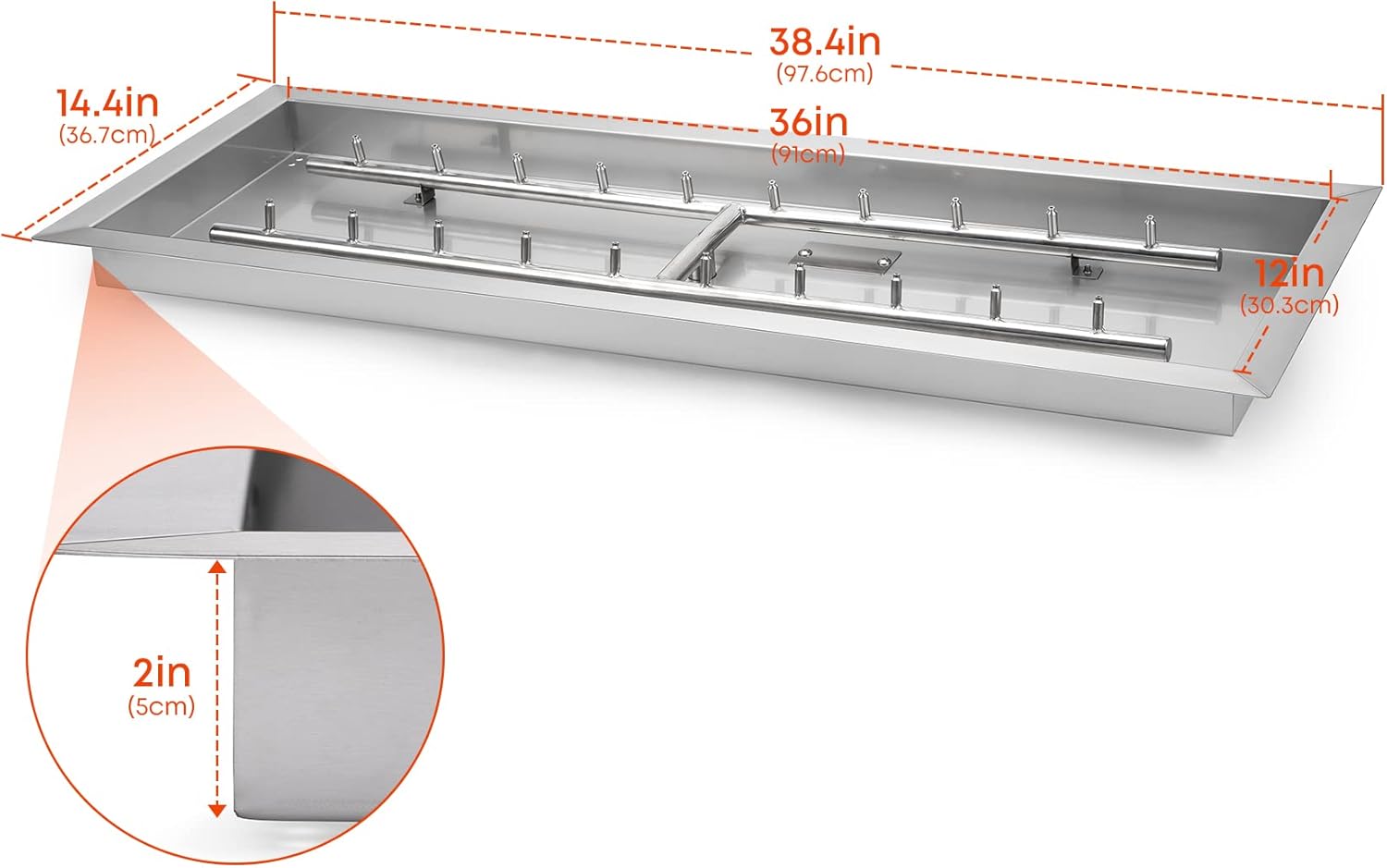 Stanbroil 36 x 12-Inch Rectangle Drop-in Fire Pit Pan with Jet Burner, 304 Stainless Steel Gas Firepit Insert for DIY Firepit Table, High Flame150,000 BTU Max-VerdiqueGarden