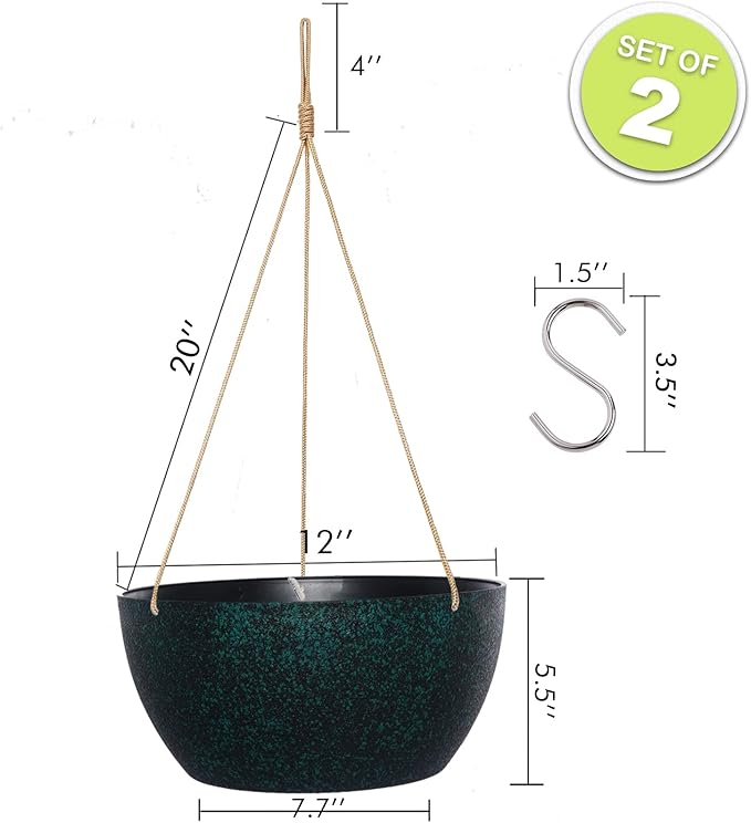 12 Inch 2 Pack Large Hanging Planters for Indoor Outdoor Plants, Plastic Hanging Basket Pots for House Plants Flowers, Black Speckles-VerdiqueGarden