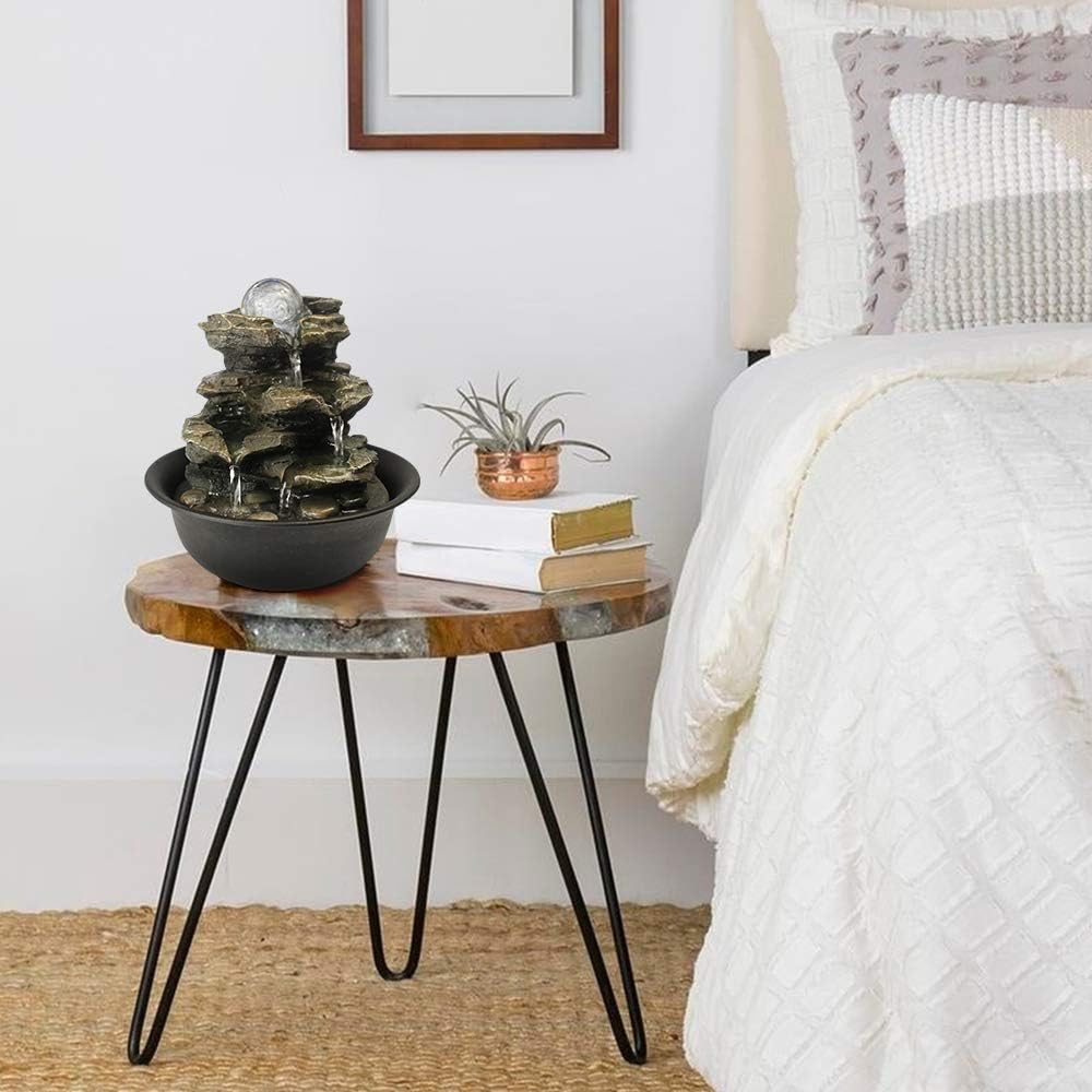 8.3" High 4-Tier Cascading Rock Falls Tabletop Water Fountain with LED Light & Spinning Ball - Indoor Small Waterfall Feature for Office, Home and Bedroom Desktop Decor Dark Grey-VerdiqueGarden