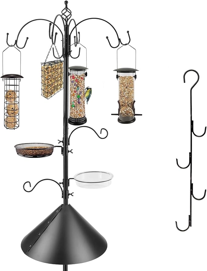 Bird Feeding Station Kit with Squirrel Baffle Bird Feeder Pole with Suet Cage Mesh Tray Fruit Hook Double W Hook for Attracting Wild Birds and Hanging Planter Hanger Lights-VerdiqueGarden