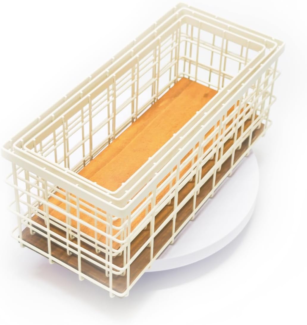 TIEYIPIN Farmhouse Decor Metal Wire Storage Baskets, Wood Base Containers Organizing Basket Caddy Bin for Kitchen Cabinets, Bathroom, Pantry, Garage, Laundry Room, Closets - Cream White (Set of 3)-VerdiqueGarden