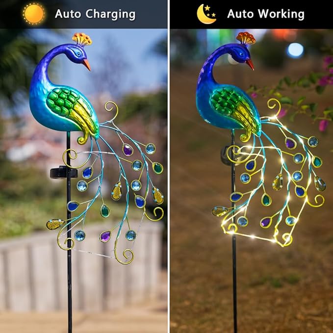 DREAMSOUL 2 Pack Peacock Solar Lights Outdoor, Waterproof Metal Peacock Outdoor Solar Lights for Yards Pathway Lawn Decoration Peacock Gifts-VerdiqueGarden