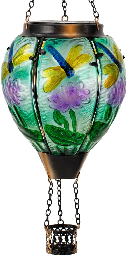 Starsoul Starsoul Dragonfly Hot Air Balloon Solar Lantern Glass Outdoor Hanging Hot Air Balloon Solar Flickering Flame Light Waterproof Garden Patio Yard Party Decorations-VerdiqueGarden