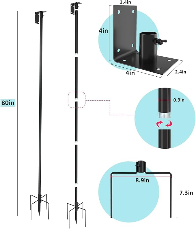 ERYTLLY Bird House Pole Mount Kit 80 Inch - Adjustable Hummingbird Bird Feeder Post Support Rod Universal Stand Set with 5 Prongs for Outdoor, Yard, Garden Decor, Black-VerdiqueGarden