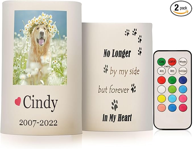 Vdsrup Flameless Candles Set of 2 Memorial Pet LED Candles with Timer Battery Operated Customize Candle Lights Flickering with Remote for Home Bedroom Decor-VerdiqueGarden