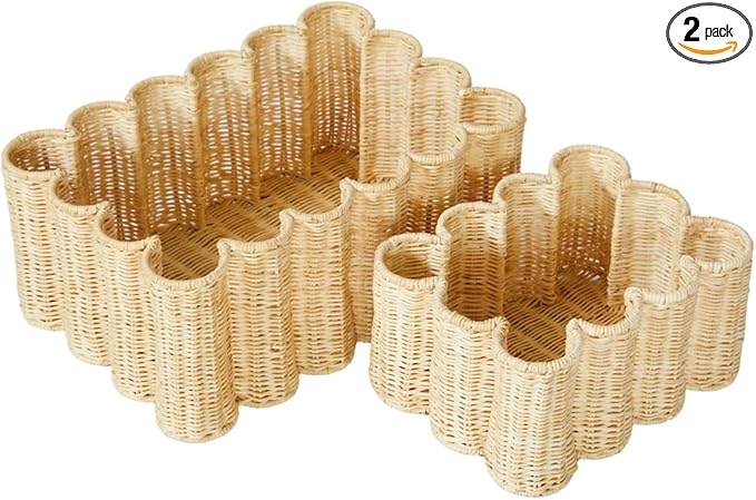 BEBE BASK Unique Wavy Scalloped Basket Set Of 2 - Scallop Basket - 16 x 10 x 7 In - Hand-Woven Elegant Wicker With Scalloped Edge Lid - Nursery Storage - (Earthy)-VerdiqueGarden