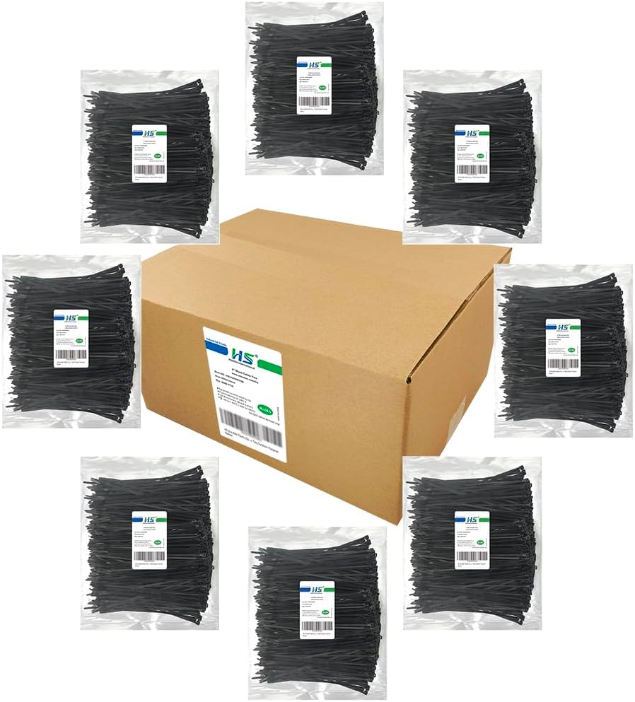 HS 8 Inch Zip Ties Black 40 Pounds Tensile Strength Thin Straps (Bulk 8000 Pack) Nylon PA66 UV Resistant,Self-Locking Small Electrical Plastic Cable Wire Zipties for Outdoor Use,Multi Purpose-VerdiqueGarden