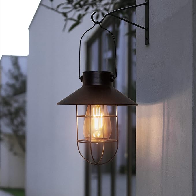 pearlstar Solar Lanterns Outdoor Metal Solar Powered Hanging Lights Waterproof for Wall Yard Garden Patio Garage Balcony Porch Fence Decor, Warm White Edison Bulb,with Wall Mount Kit（Black-1pack）-VerdiqueGarden