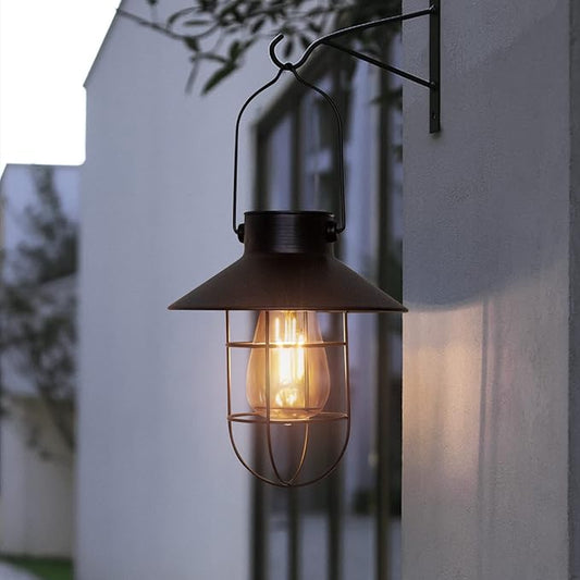 pearlstar Solar Lanterns Outdoor Metal Solar Powered Hanging Lights Waterproof for Wall Yard Garden Patio Garage Balcony Porch Fence Decor, Warm White Edison Bulb,with Wall Mount Kit（Black-1pack）-VerdiqueGarden