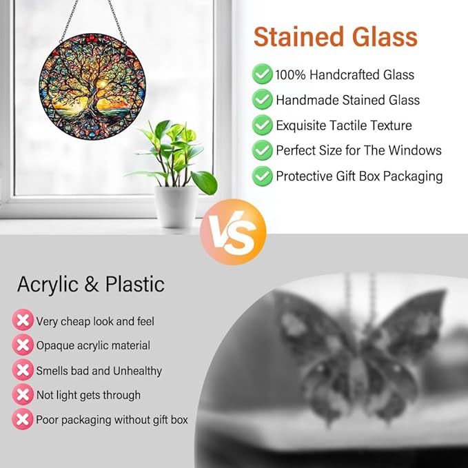 Tree of Life Sun Catcher Stained Glass Window Hanging - Handmade Suncatchers for Windows Hanging Stained Glass Suncatcher - Sun Catchers Indoor Window Wall Home Decor Glass Panel Gift for Women Men-VerdiqueGarden