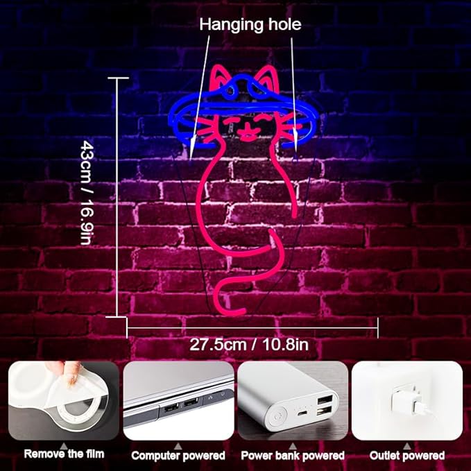 Mushroom Cat Neon Sign Cat Neon Signs for Wall Decor Dimmable Mushroom Cat Neon Lights LED Light Up Sign for Bedroom,Living Room,Bar,Party,Christmas,Birthday Art Gift-VerdiqueGarden