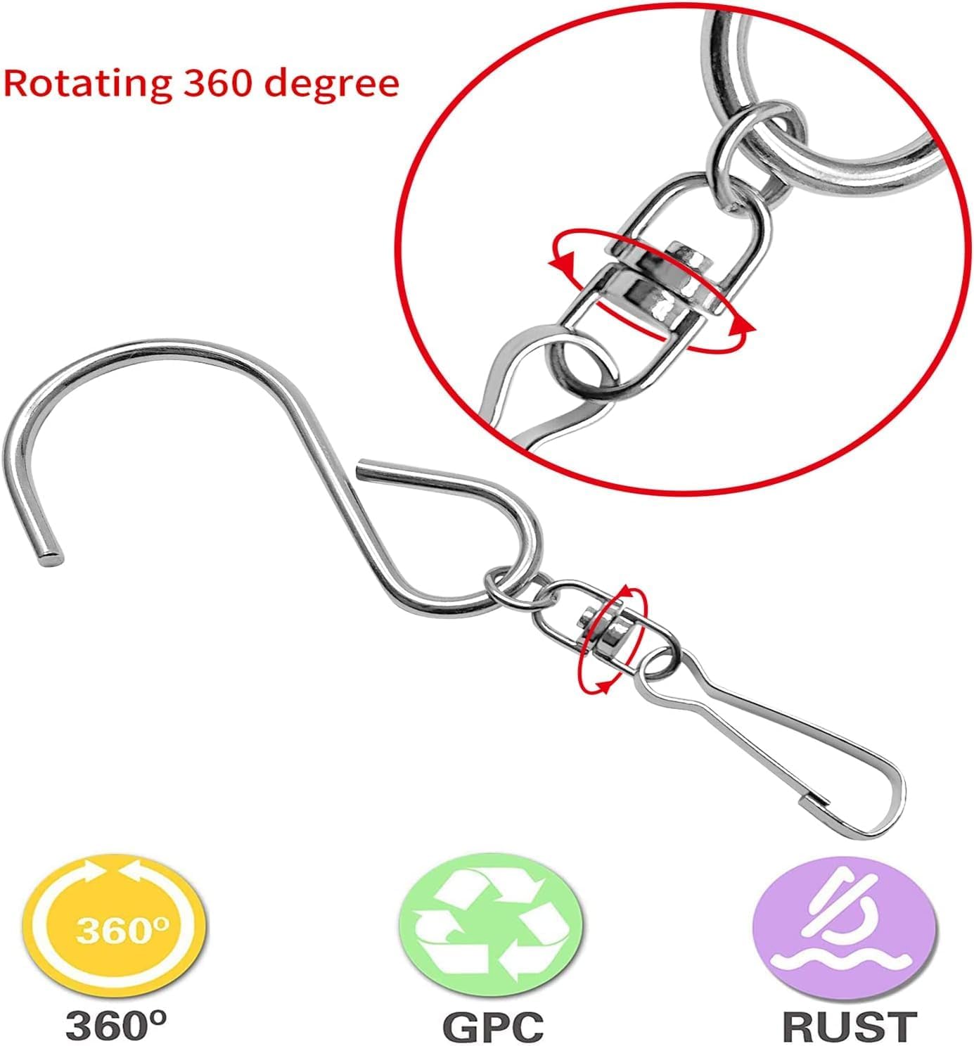 24 Pcs Swivel Clip Hanging Hooks, Stainless Steel 360 Degree Rotating Windsock Clips for Hanging Wind Chimes, Plants, Bird Feeder, Crystal, Birdcage-VerdiqueGarden