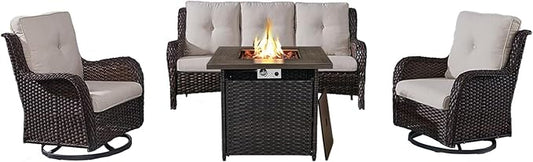 Outdoor Patio Furniture Set with 50000BTU Propane Fire Pit Table, 4 Pieces Wicker Patio Conversation Set with 2 Swivel Rocker Glider Chairs Rattan Sofa Beige Cushion Perfect for Gathering-VerdiqueGarden