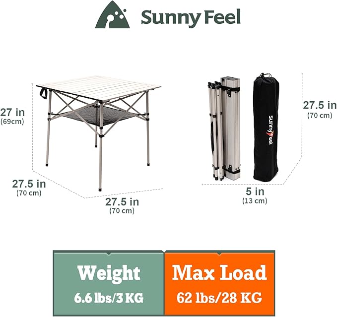 SUNNYFEEL Outdoor Folding Table | Lightweight Compact Aluminum Camping Table, Roll Up Top 4 People Portable Camp Square Tables with Carry Bag for Picnic/Cooking/Beach/Travel/BBQ-VerdiqueGarden