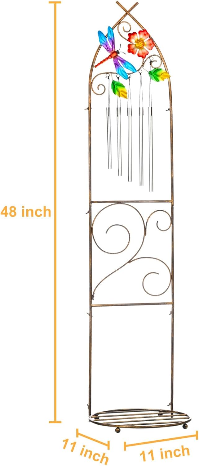 Garden Trellis with Plant Stands, 48” Metal Detachable Dragonfly Plant Pot Trellis with Wind Chimes for Climbing Plants Outdoor Lawn Patio Porches Decor-VerdiqueGarden