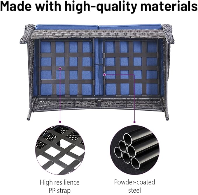 Wicker Outdoor Furniture Patio Furniture Set - 6 Piece Patio Conversation Set with Swivel Rocker Chairs, Loveseat Sofa, Ottomans and Coffee Table, Blue Cushion-VerdiqueGarden