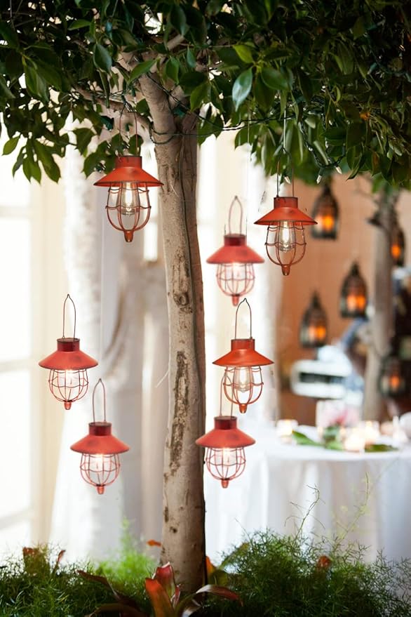 YAKii 2 Pack Solar Lantern Hanging Waterproof Outdoor Metal Solar Lamp with Warm White Light Decorate for Yard Garden Pathway Patio Porch Decor (Red)-VerdiqueGarden