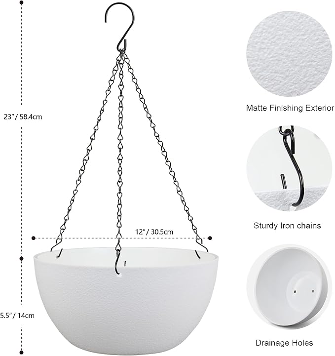12 inch Large Hanging Planters for Indoor Outdoor Plants, 2 Pack Hanging Flower Pots with Drainage Holes and Chain for Garden Porch, Plastic Hanging Baskets for House Plants, White-VerdiqueGarden