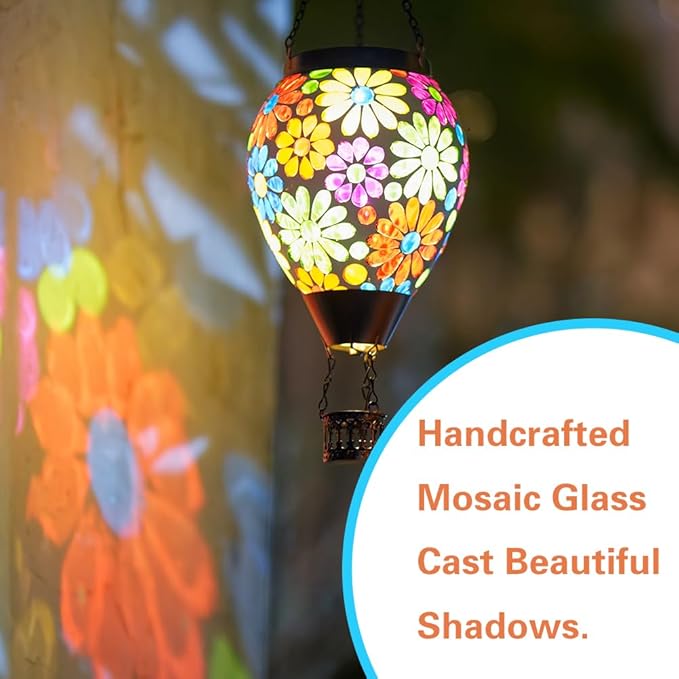Starsoul Mosaic Flowers Hot Air Balloon Solar Lantern Glass Outdoor Hanging Hot Air Balloon Solar Flickering Flame Light Waterproof Garden Patio Yard Party Decorations-VerdiqueGarden