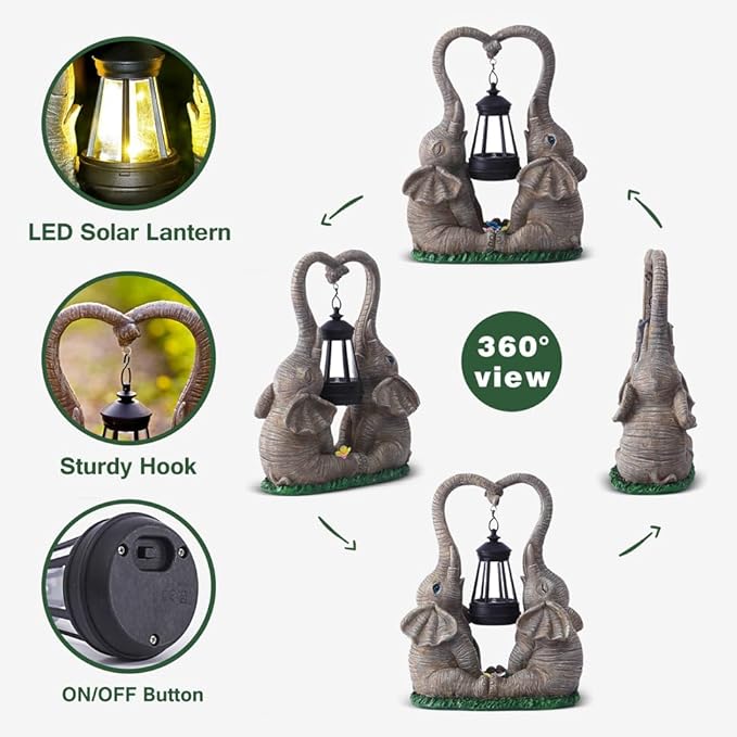 Elephant Statue Easter Garden Decor with LED Solar Lights-Set of 2 Good Luck Elephant Outdoor Statue Christmas Decorations for Yard Patio,Porch,Home -Mothers Day Gifts for Women, Mom, Grandma-VerdiqueGarden