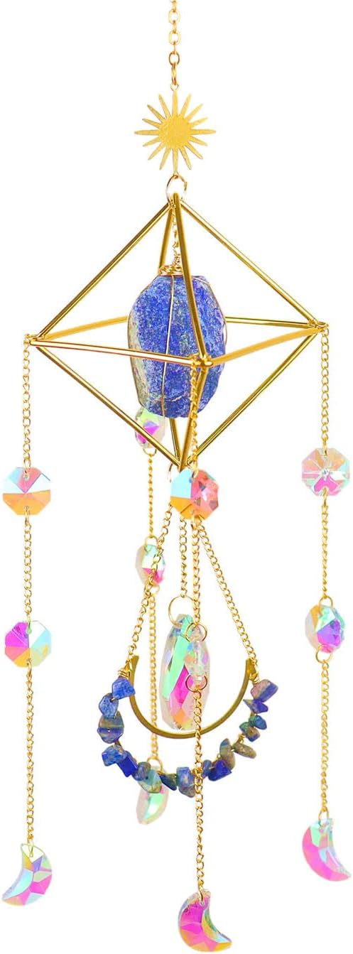 Crystal Suncatcher Lapis Lazuli, Blue Sun Catcher Hanging Decor, Blue Lazurite Crystal Window Hanging, Gemstone Prism, Boho Chic Decor, Raw Natural Stone (Lazurite)-VerdiqueGarden