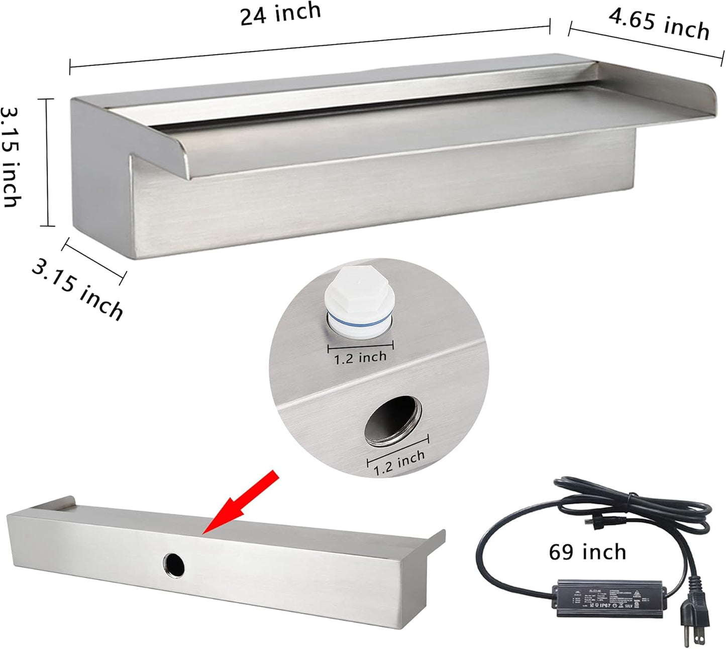 24" Water Pool Fountain 304 Stainless Steel Lighted Pool Waterfall Spillway with Wider Water Flow Platform, Multi-Color LED Strip Light with Remote Control for Indoor, Garden, Outdoor Decoration-VerdiqueGarden