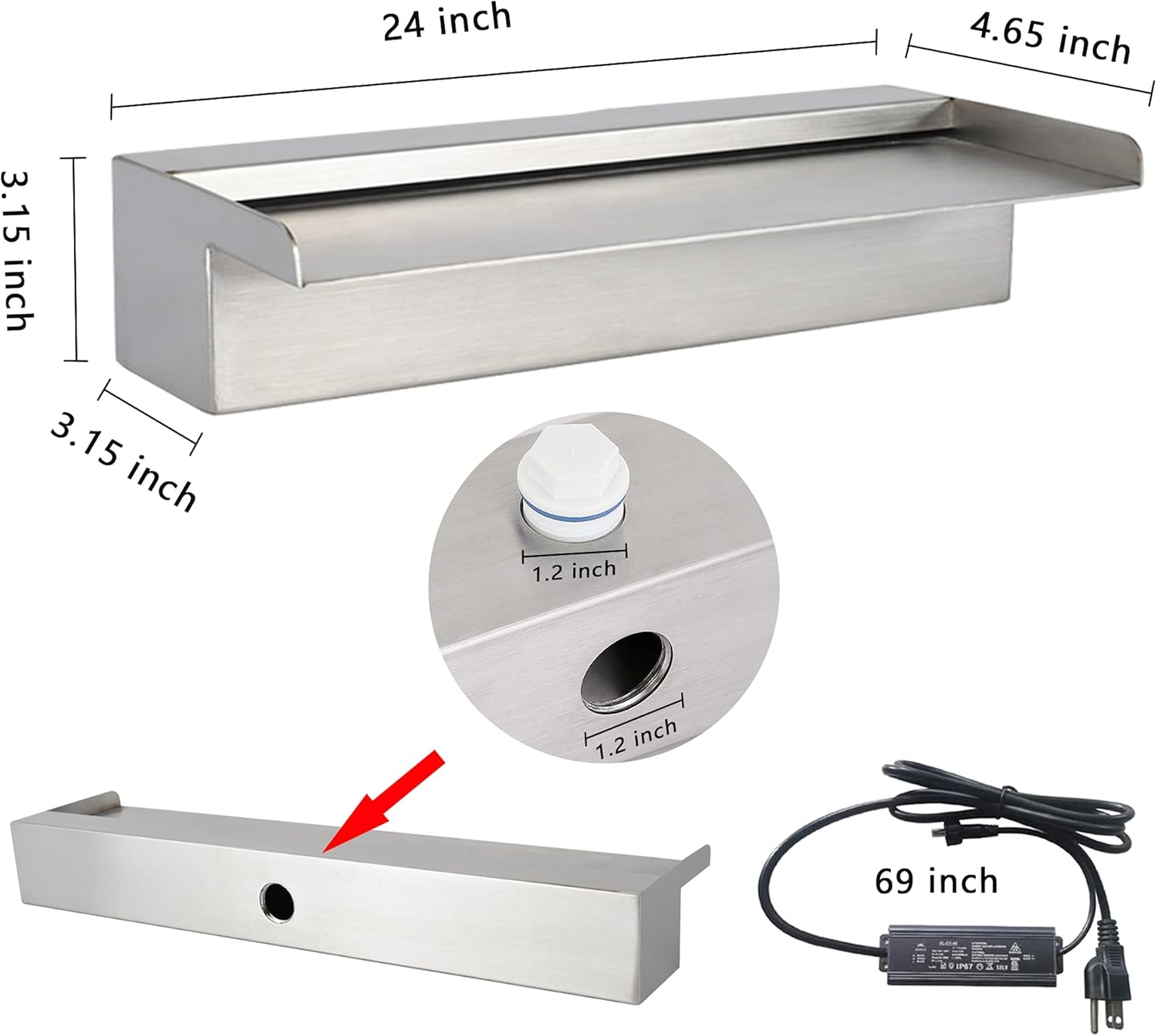 24" Water Pool Fountain 304 Stainless Steel Lighted Pool Waterfall Spillway with Wider Water Flow Platform, Multi-Color LED Strip Light with Remote Control for Indoor, Garden, Outdoor Decoration-VerdiqueGarden