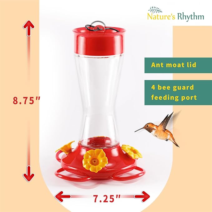 Nature's Rhythm Bird Feeder 4 bee Guard Plastic Yellow Flowers Feeding Port 8oz Glass Pinch Waist Hummingbird Feeder (1Pcs)-VerdiqueGarden