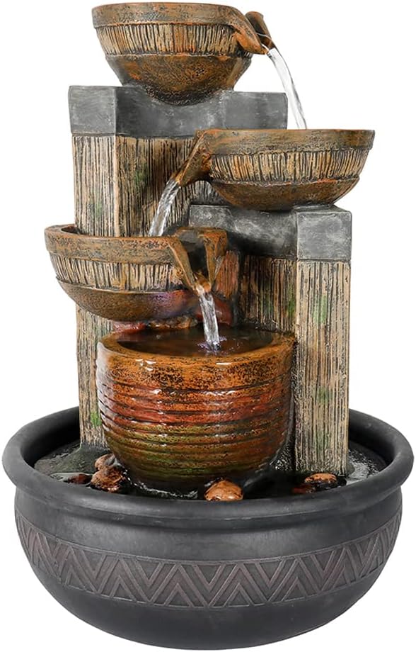15.7''H 4-Tier Relaxation Indoor Tabletop Waterfall Fountain with LED Lights Desktop Fountains Calming Sound for Home Office Bedroom Decor (Brown, 15.7inch)-VerdiqueGarden