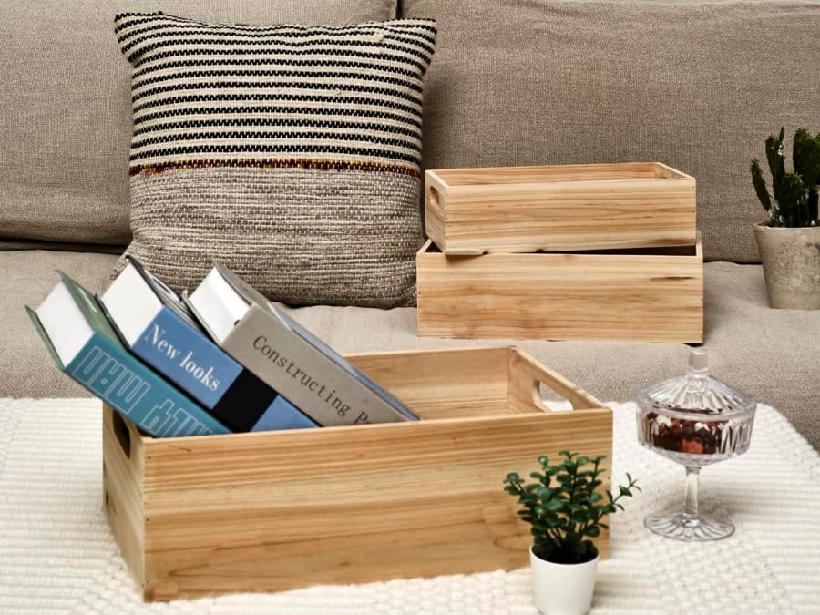 Set of 3 Wooden Boxes Unfinished for Storage Small Crates for Display and Organizing, Farmhouse Style Storage Boxes for Crafts, Decor, Home Pantry and Living Room-VerdiqueGarden