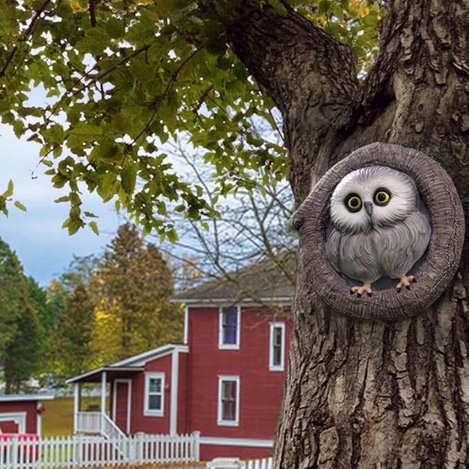 Baby Owl Resin Tree Face, Owlet Tree Hugger, Outdoor Sculpture for Tree Decorations, Whimsical Owl Garden Ornament, Tree Statue Peeker, Patio Yard Lawn Porch Decor, Durable & Waterproof Garden Present-VerdiqueGarden