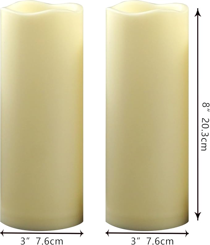 Waterproof Outdoor Battery Operated Flameless Pillar Candles with Timer White Plastic Realistic Flickering Fake Electric LED Lights for Lantern Garden Wedding Christmas Decorations 3”x8” 2 Pack-VerdiqueGarden