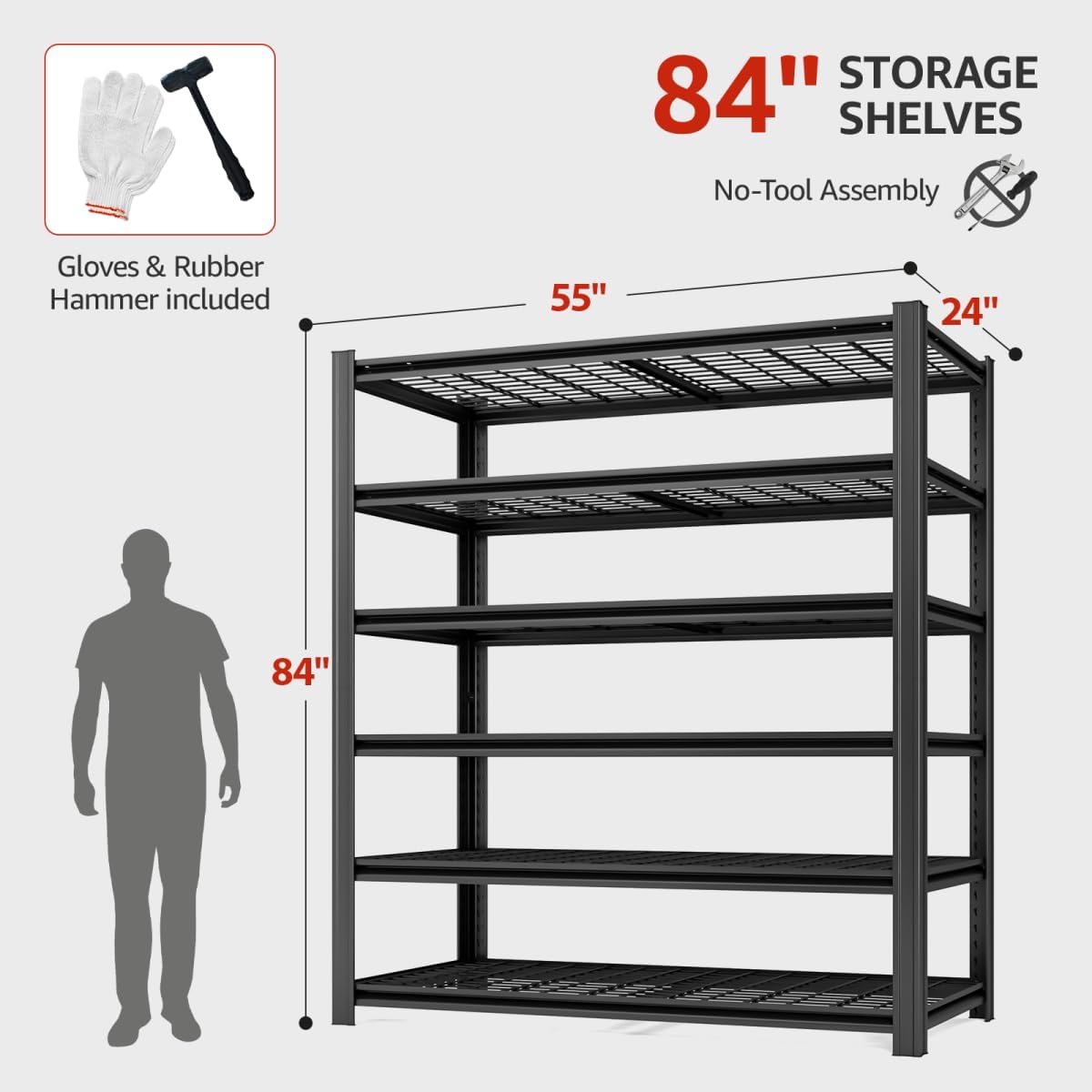 3600LBS 6 Tier Metal Shelving Unit 84" H x 55" W x 24" D, Adjustable Garage Shelves, Heavy Duty Storage Shelves for Warehouse, Basement, Kitchen, Pantry, Living Room, Black-VerdiqueGarden