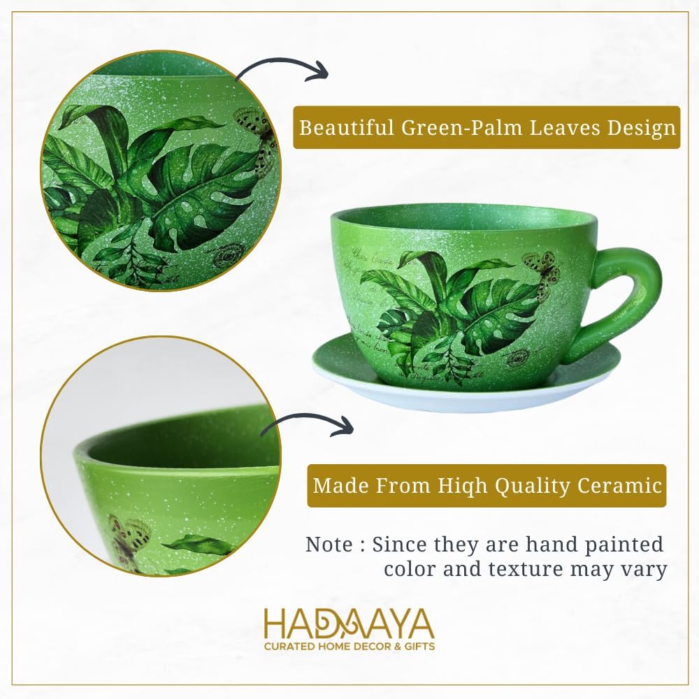7.5" Ceramic Teacup Planter Pot with Saucer | Ideal for Succulents, Orchids, Herbs & Flowers | Indoor & Outdoor Use | Thoughtful Gift for Birthday or Wedding & More - Green - Palm Leaves-VerdiqueGarden