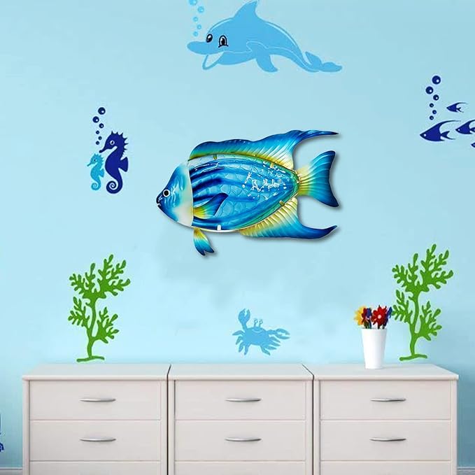 John's Studio Fish Sea Wall Decor Outdoor Metal Garden Hanging Art Glass Sculptures Home Ocean Theme Decorations for Kitchen Bathroom and Pool - Blue-VerdiqueGarden