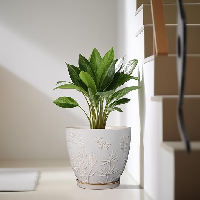10 Inch Plant Pot Ceramic Planter Pot with Drainage Hole and Saucer Round Planter Large Flower Pot for Indoor Outdoor Plants Home Garden Decor White-VerdiqueGarden