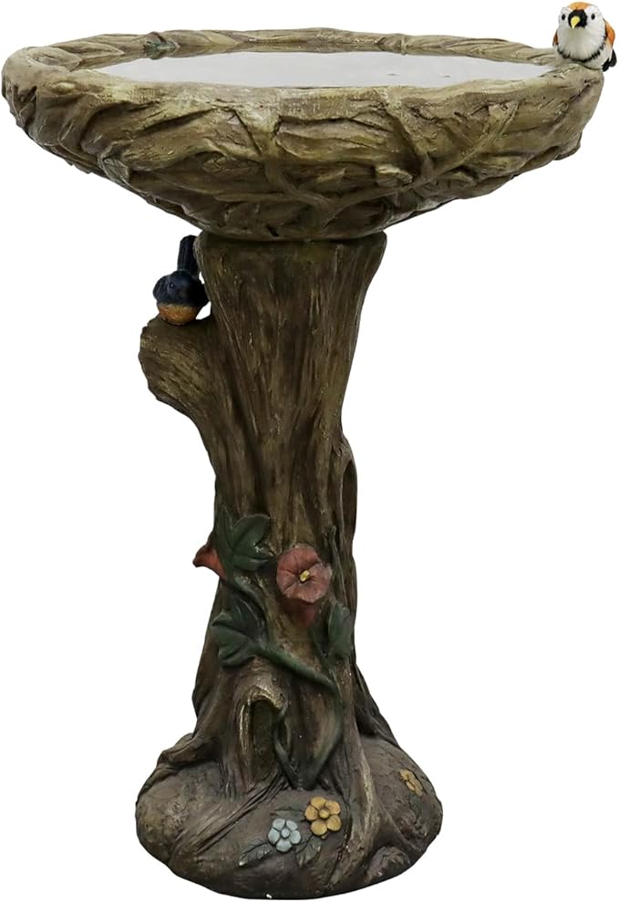 SunJet 25.5 Inch Heigh Wood-Look Concrete Bird Bath with Decorative Faux Bird – birdbath Rustic & Long-Lasting Design, Enhances Garden, Patio, Yard, Lawn Décor-VerdiqueGarden