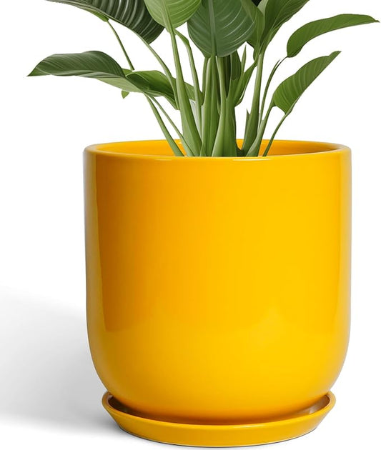 12 Inch Pots for Plants - Ceramic Planter for Outdoor Plants Large Plant Pot Indoor with Drainage Hole Modern Flower Pot for Home Patio Office Decor Yellow-VerdiqueGarden