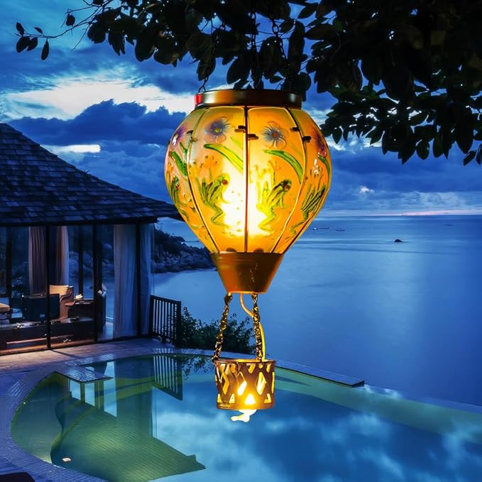 Starsoul Frog Hot Air Balloon Solar Lantern with Candle Holder Glass Outdoor Solar Hot Air Balloon Flickering Flame Lamp Hanging Garden Light Waterproof for Lawn Porch Tree Yard Decorations-VerdiqueGarden