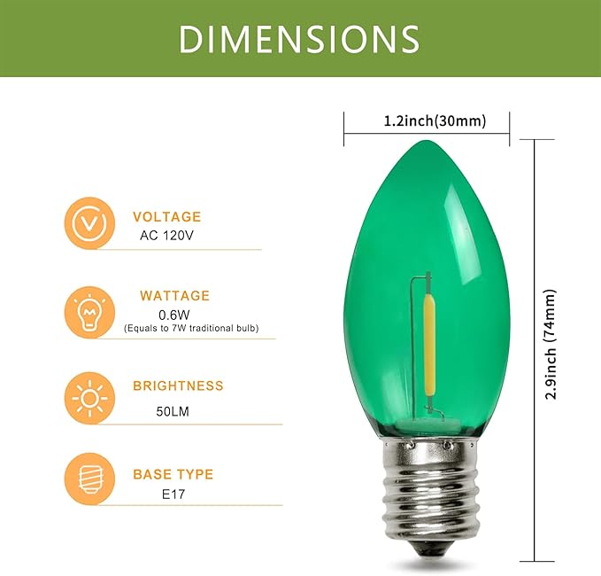 25 Pack C9 LED Replacement Christmas Light Bulbs Multicolor, Waterproof Shatterproof Outdoor String Lights Vintage LED Filament Bulb, E17 Base, Commercial Grade Holiday Decoration Bulbs-VerdiqueGarden