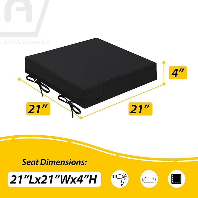 AAAAAcessories Outdoor Seat Cushions for Chairs, Waterproof, Fade-Resistant Patio Furniture Replacement Cushions, 21" x 21" x 4", Set of 2, Black-VerdiqueGarden