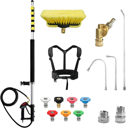 RAYNEL 25FT Telescoping Pressure Washer Extension Wand with Brush Head,2 Power Washer Extension Wands, Gutter Cleaner Attachment,7 Spray Nozzle Tips,Support Belt and 2 Hose Adapters-VerdiqueGarden
