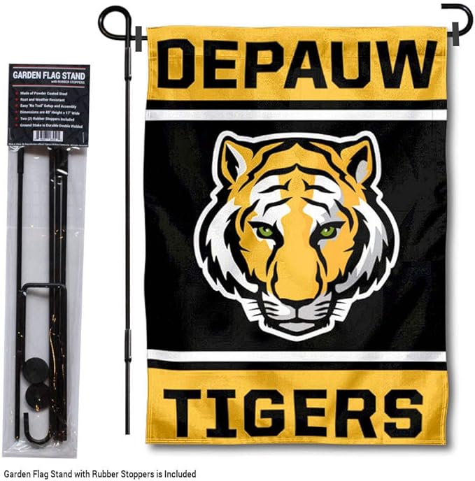 College Flags & Banners Co. DePauw Tigers Garden Flag with Pole Stand Holder-VerdiqueGarden