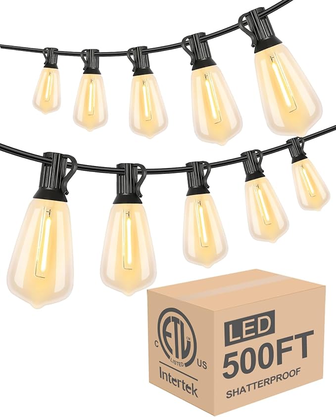 Lightdot 500FT Outdoor String Lights, LED Bistro String Lights with Shatterproof ST38 Vintage Bulbs, 2200K Dimmable, Waterproof Hanging Lights for Porch, Deck, Garden, Backyard, Balcony - ETL Listed-VerdiqueGarden
